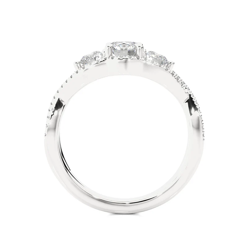 Side profile of 2 Carat Round Moissanite Three Stone Twisted Engagement Ring in White Gold, highlighting the brilliant center moissanite stone., highlighting the prong setting.