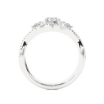 Load image into Gallery viewer, Side profile of 2 Carat Round Moissanite Three Stone Twisted Engagement Ring in White Gold, highlighting the brilliant center moissanite stone., highlighting the prong setting.
