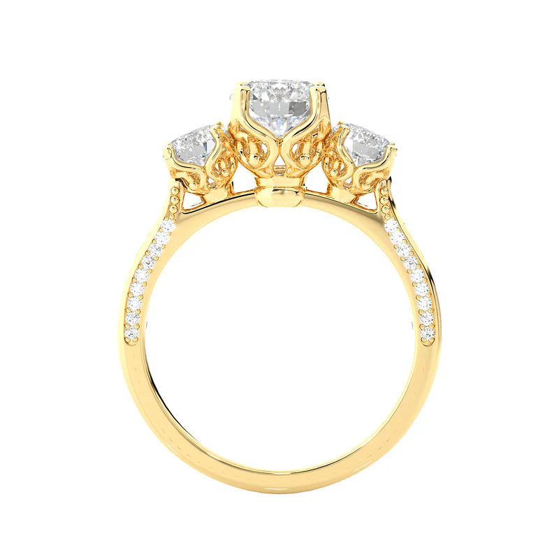 Side profile of 2 Carat Round Moissanite Filigree Three Stone Engagement Ring in Yellow Gold, highlighting the prong setting.