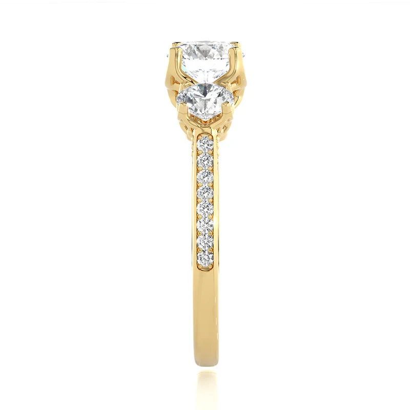 2 Carat Round Moissanite Filigree Three Stone Engagement Ring in Yellow Gold