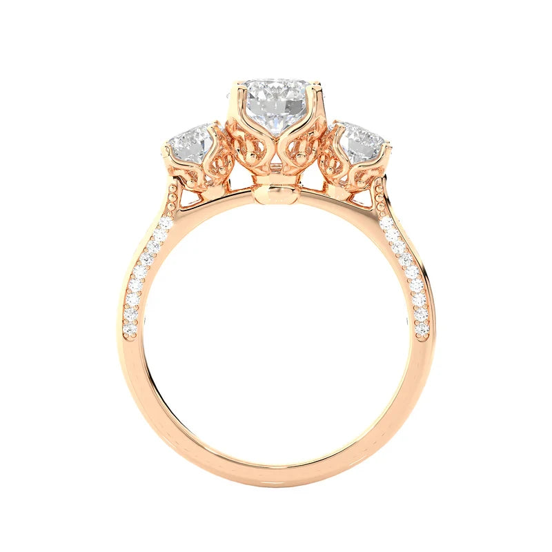 2 Ct Round Moissanite Filigree Three Stone Engagement Ring in Rose Gold