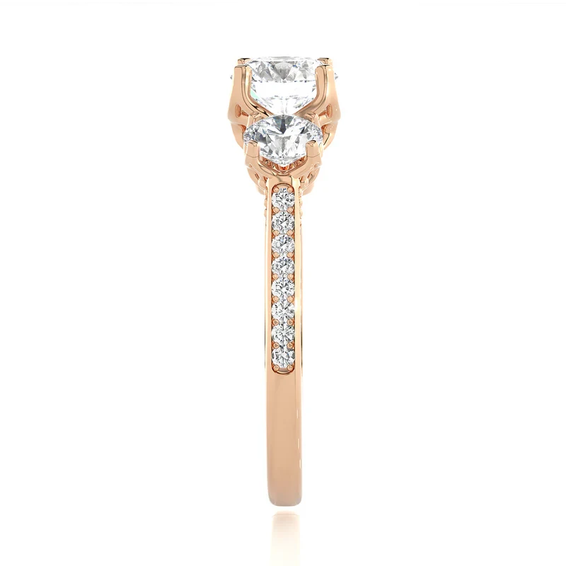 2 Ct Round Moissanite Filigree Three Stone Engagement Ring in Rose Gold
