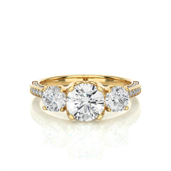 Front view of 2 Carat Round Moissanite Filigree Three Stone Engagement Ring in Yellow Gold, highlighting the brilliant center moissanite stone.
