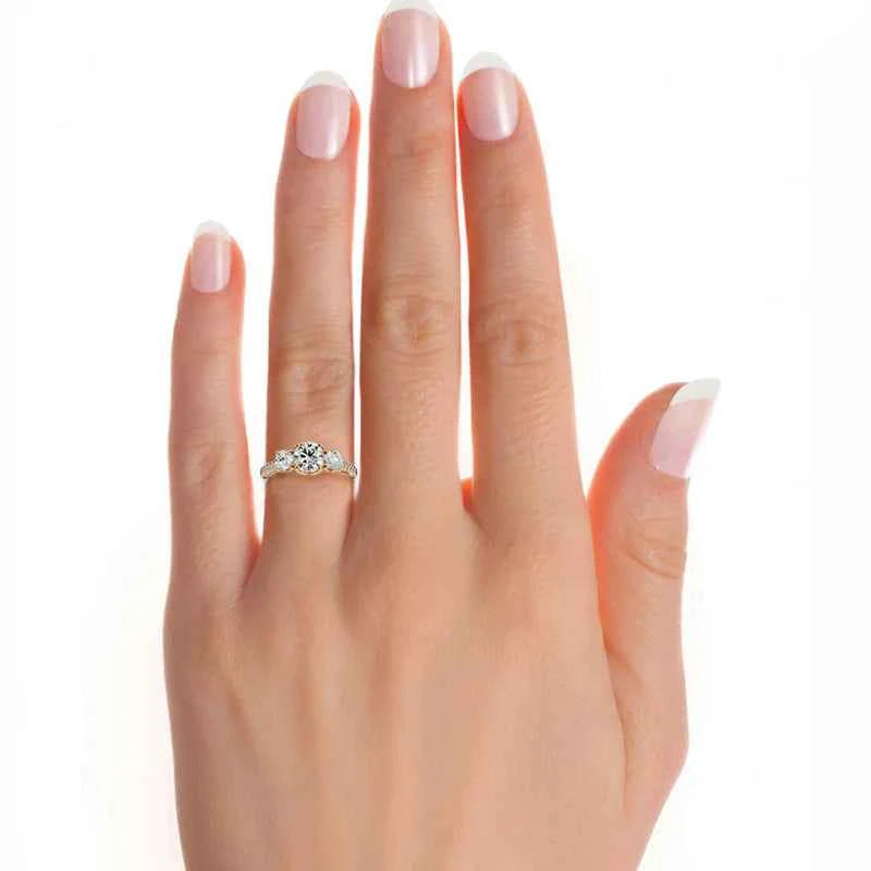 2 Carat Round Moissanite Filigree Three Stone Engagement Ring in Yellow Gold