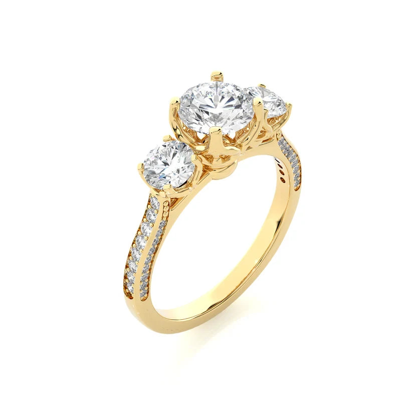 2 carat round moissanite filigree three stone engagement ring in yellow gold
