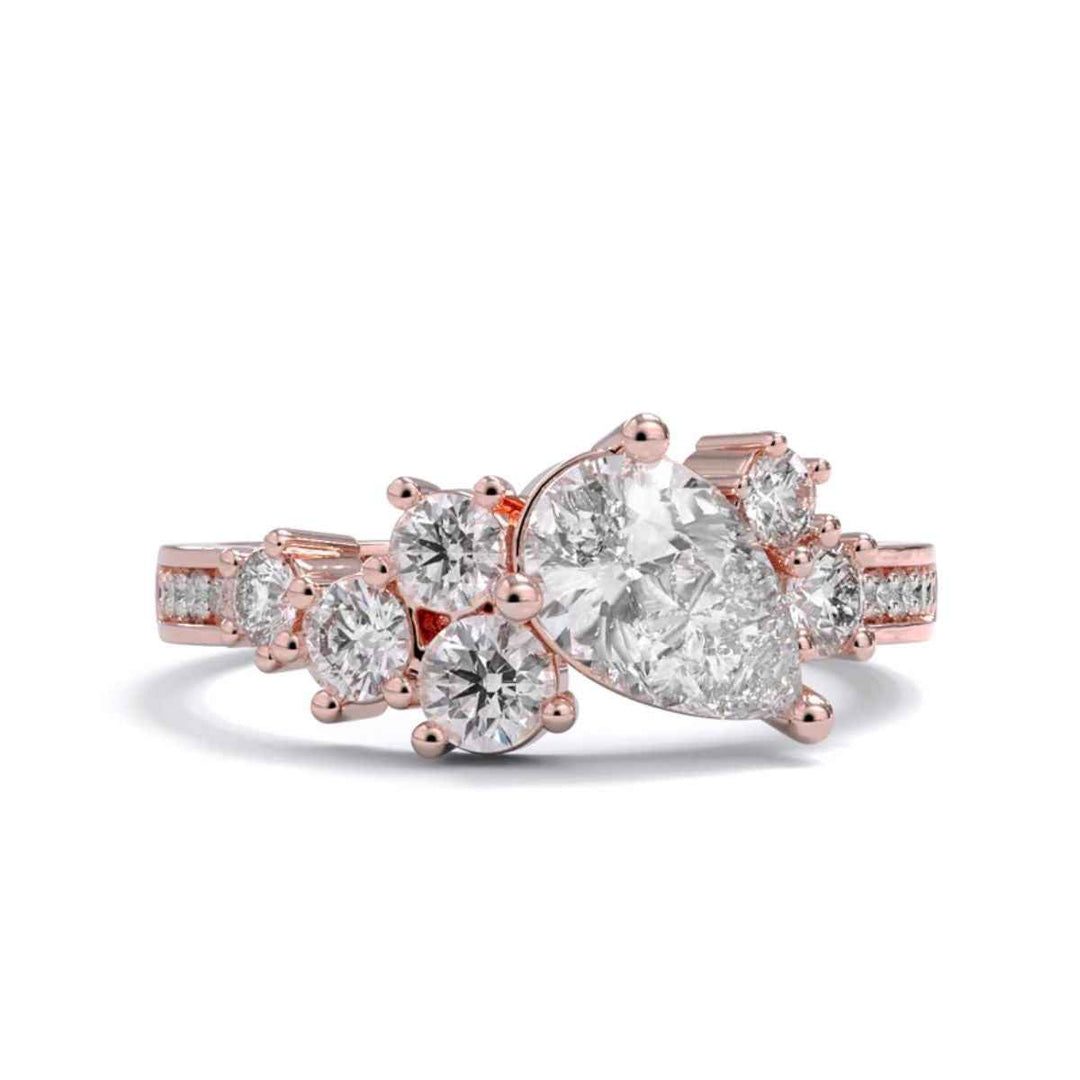 2 Carat Pear And Round Shape Moissanite Cluster Ring in Yellow Gold