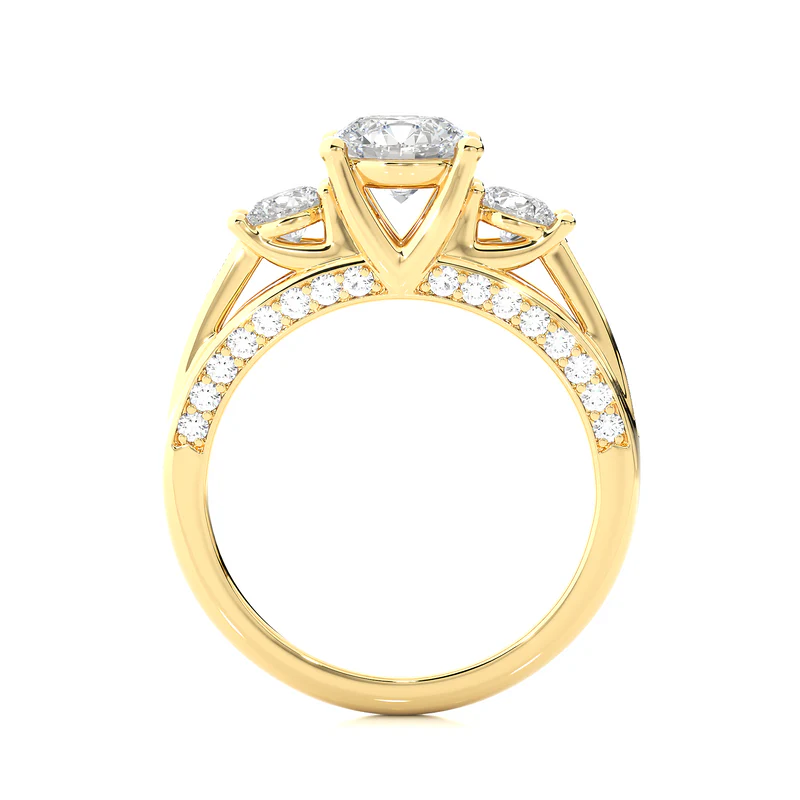 Side profile of 12 Carat Moissanite Three Stone Engagement Ring With Accents in Yellow Gold, highlighting the prong setting.