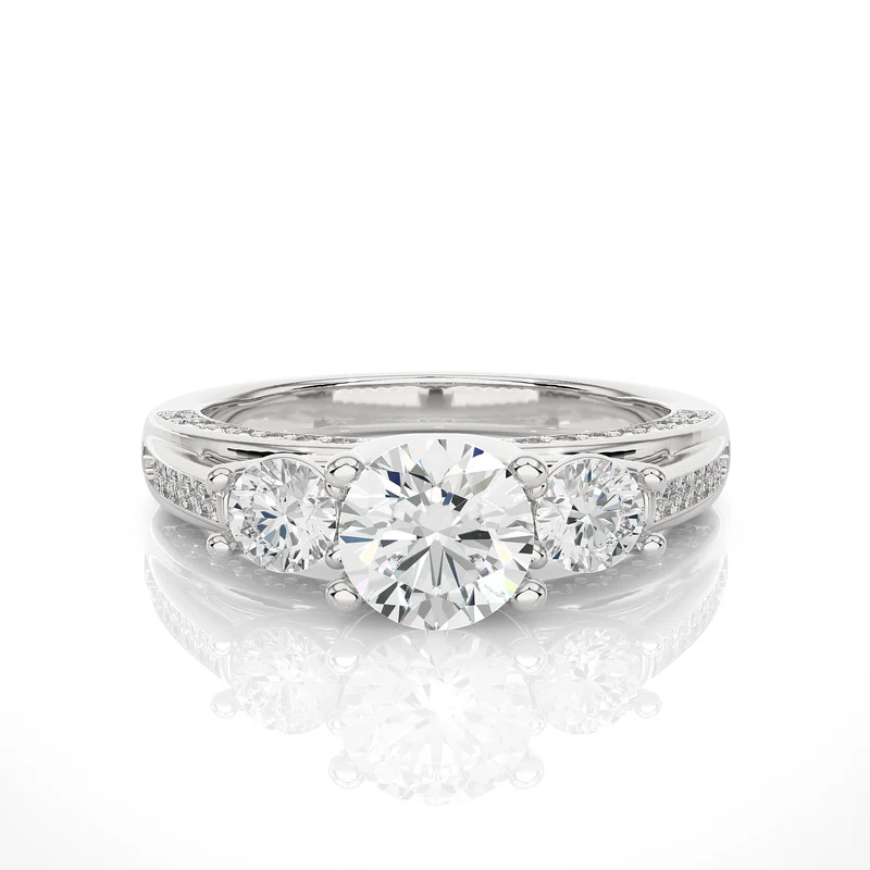 Front view of 2 Ct Moissanite Three Stone Engagement Ring With Accents in White Gold, highlighting the brilliant center moissanite stone.