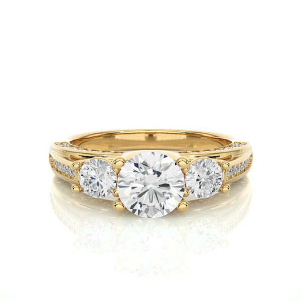 Front view of 2 Carat Moissanite Three Stone Engagement Ring With Accents in Yellow Gold, highlighting the brilliant center moissanite stone.
