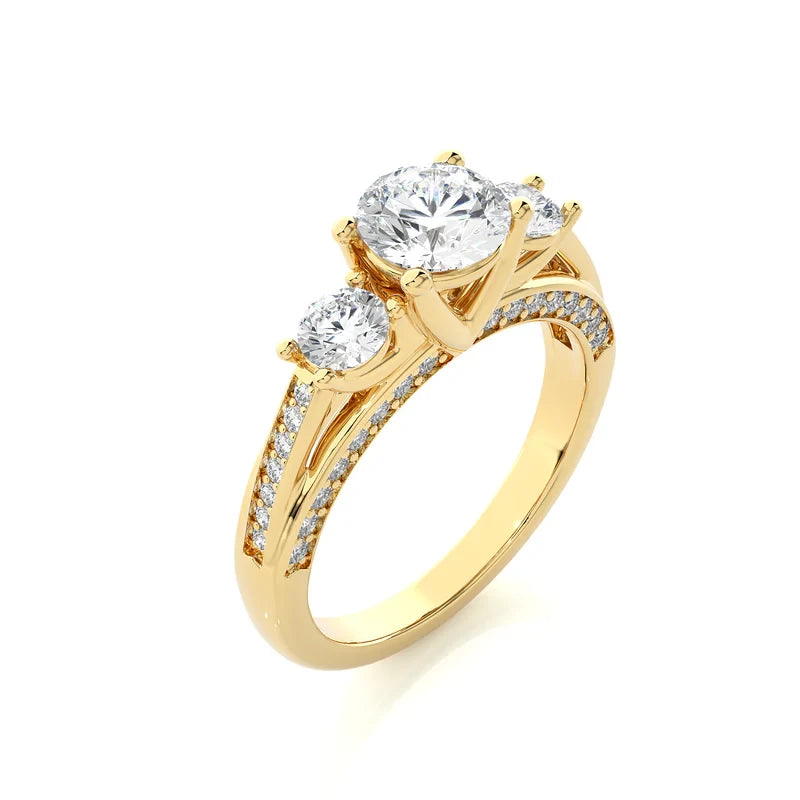 2 carat moissanite three stone engagement ring with accents in yellow gold