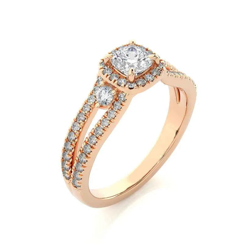2 ct three stone cushion cut moissanite halo ring in rose gold