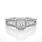 Load image into Gallery viewer, 2 Carat Cushion Cut Moissanite Three Stone Halo Ring in Silver
