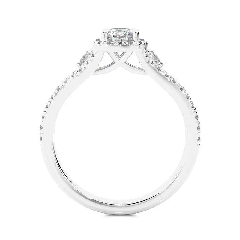 2 Carat Cushion Cut Moissanite Three Stone Halo Ring in Silver