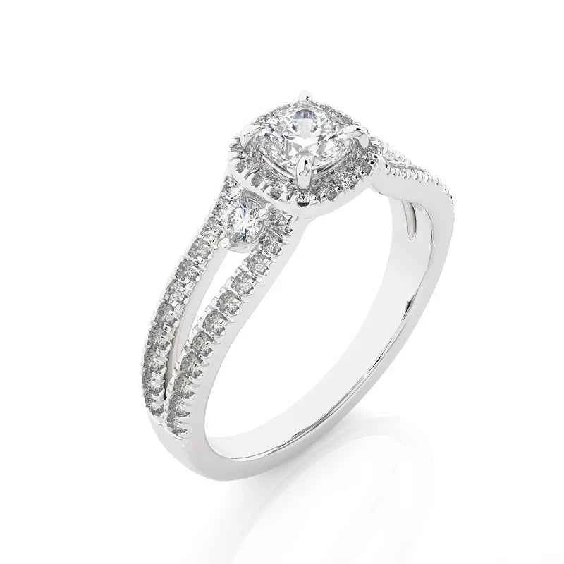 2 Carat Cushion Cut Moissanite Three Stone Halo Ring in Silver