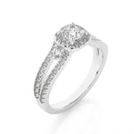 Load image into Gallery viewer, 2 Carat Cushion Cut Moissanite Three Stone Halo Ring in Silver
