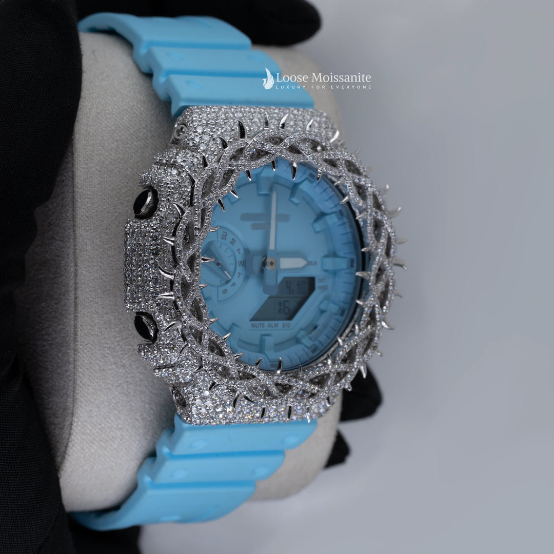 Side View Of Iced-out moissanite men's watches with thorn crown design