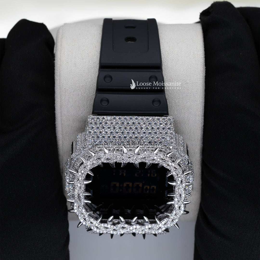 Close Up View Of Iced-out Moissanite Black Dial DW-5600 watch