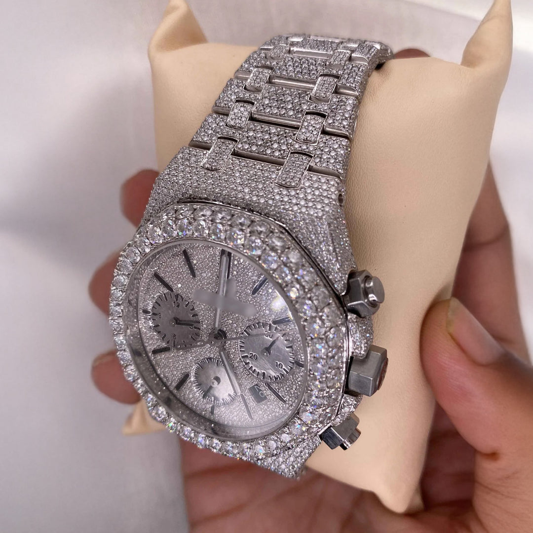 Close Up View Of AP Iced Out Moissanite Watch For Mens