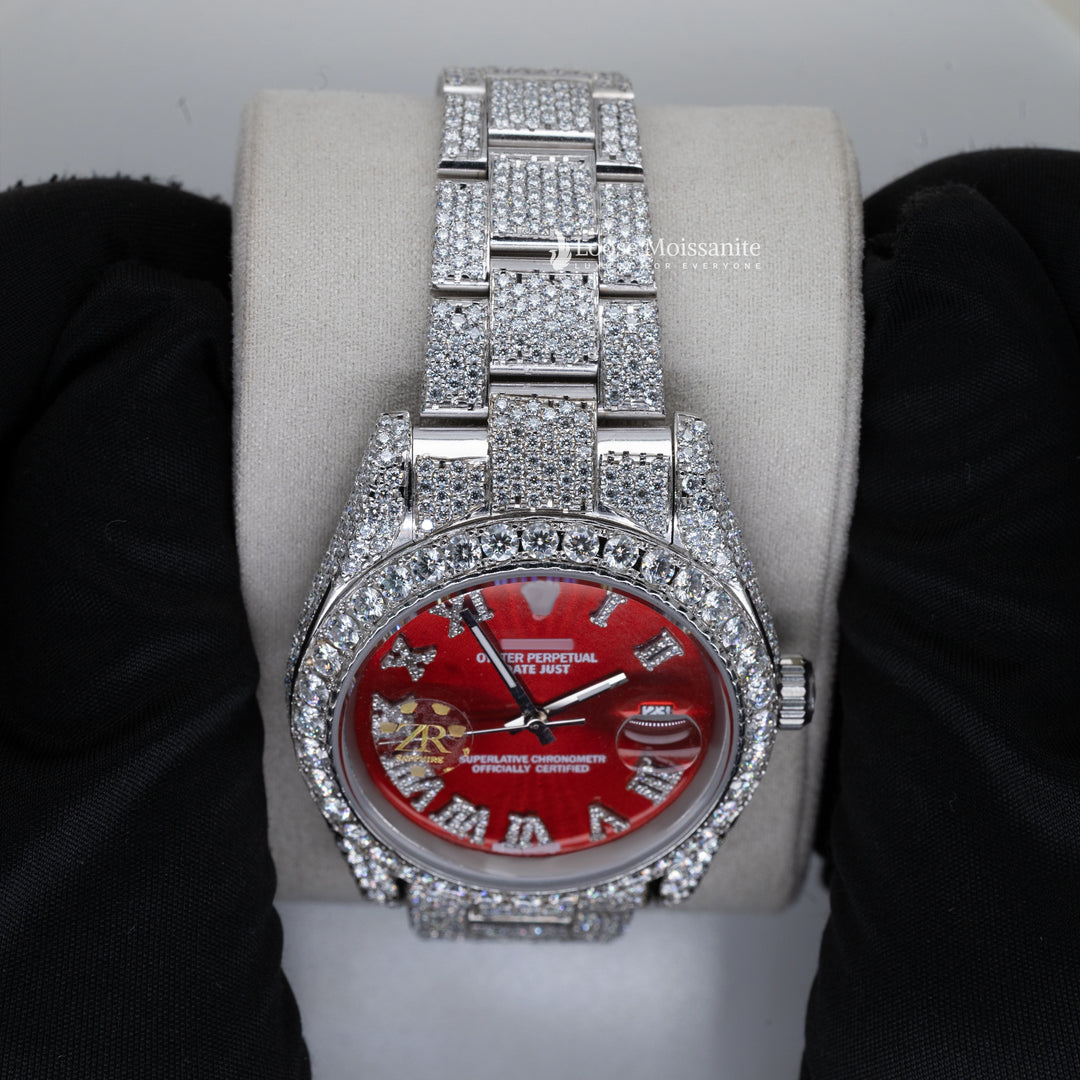 Close Up View Of Datejust Moissanite Red Dial Iced Out Watches