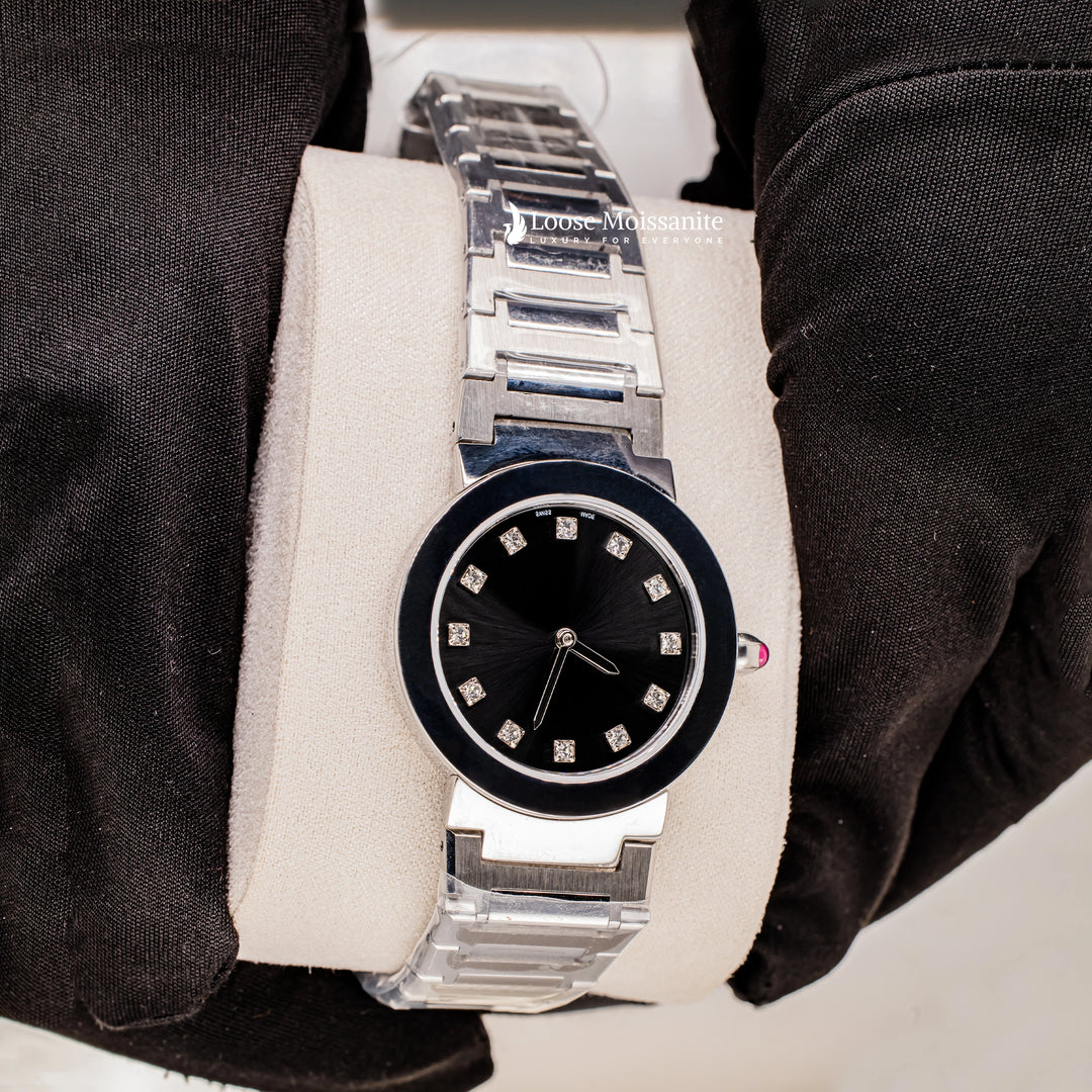 Side View Of Black Dial Stainless Steel Ladies Watch