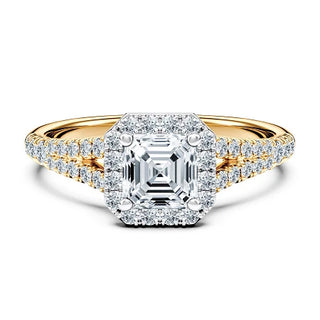 2 Carat Asscher Cut Split Shank Moissanite Ring in Yellow Gold