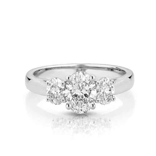 2 carat oval cut moissanite three stone engagement ring in white gold