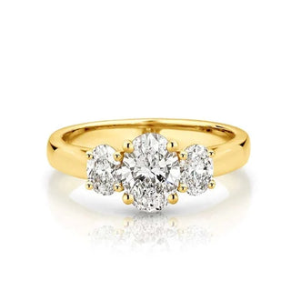 2 Carat Oval Cut Three Stone Moissanite Engagement Ring in Yellow Gold