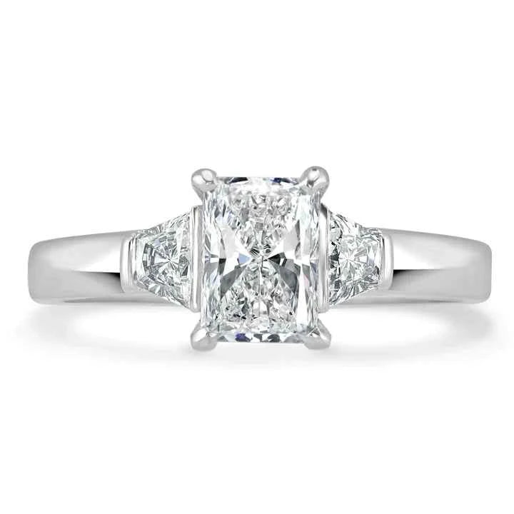 2 carat radiant cut three stone moissanite ring in white gold