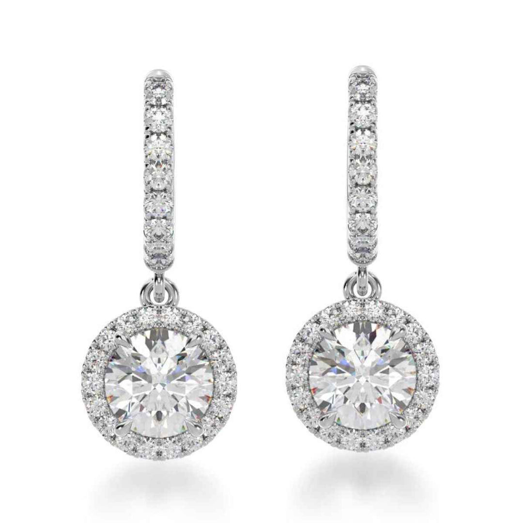 3.20 Carat Round Moissanite Halo Drop Earrings In White Gold