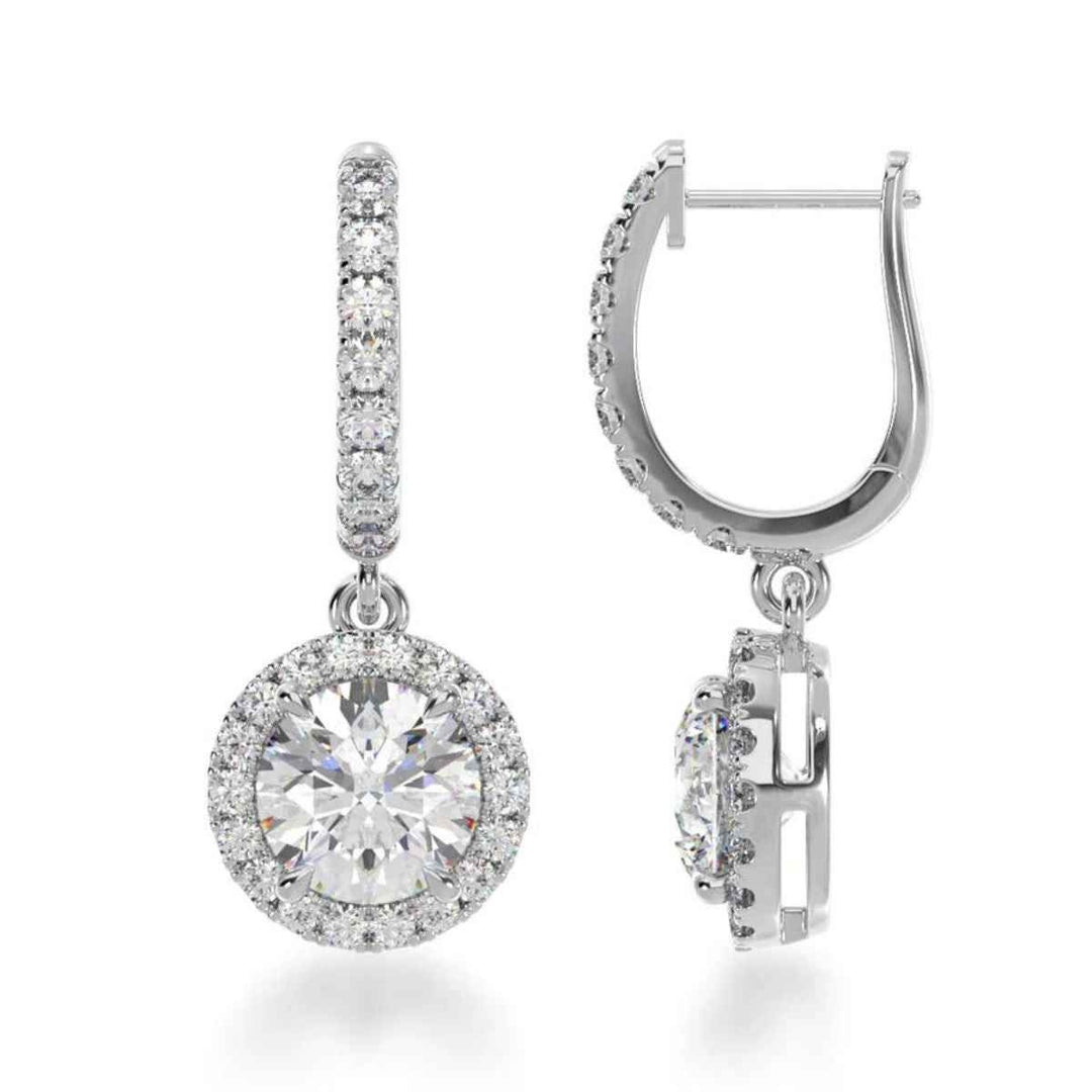 3.20 Carat Round Moissanite Halo Drop Earrings In White Gold