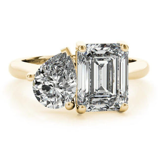 3.5 Carat Emerald & Pear Cut Moissanite Toi et Moi Ring In Yellow Gold