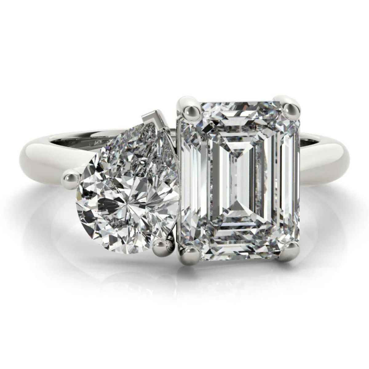 3 carat emerald & pear cut moissanite toi et moi ring in white gold