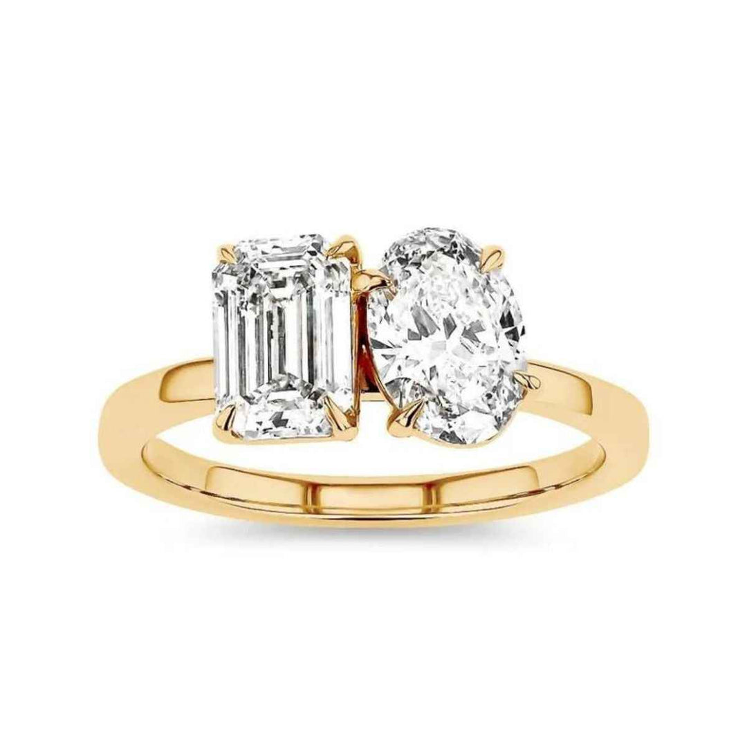 3.80 Ct Moissanite Emerald and Oval Toi Et Moi Ring in Yellow Gold