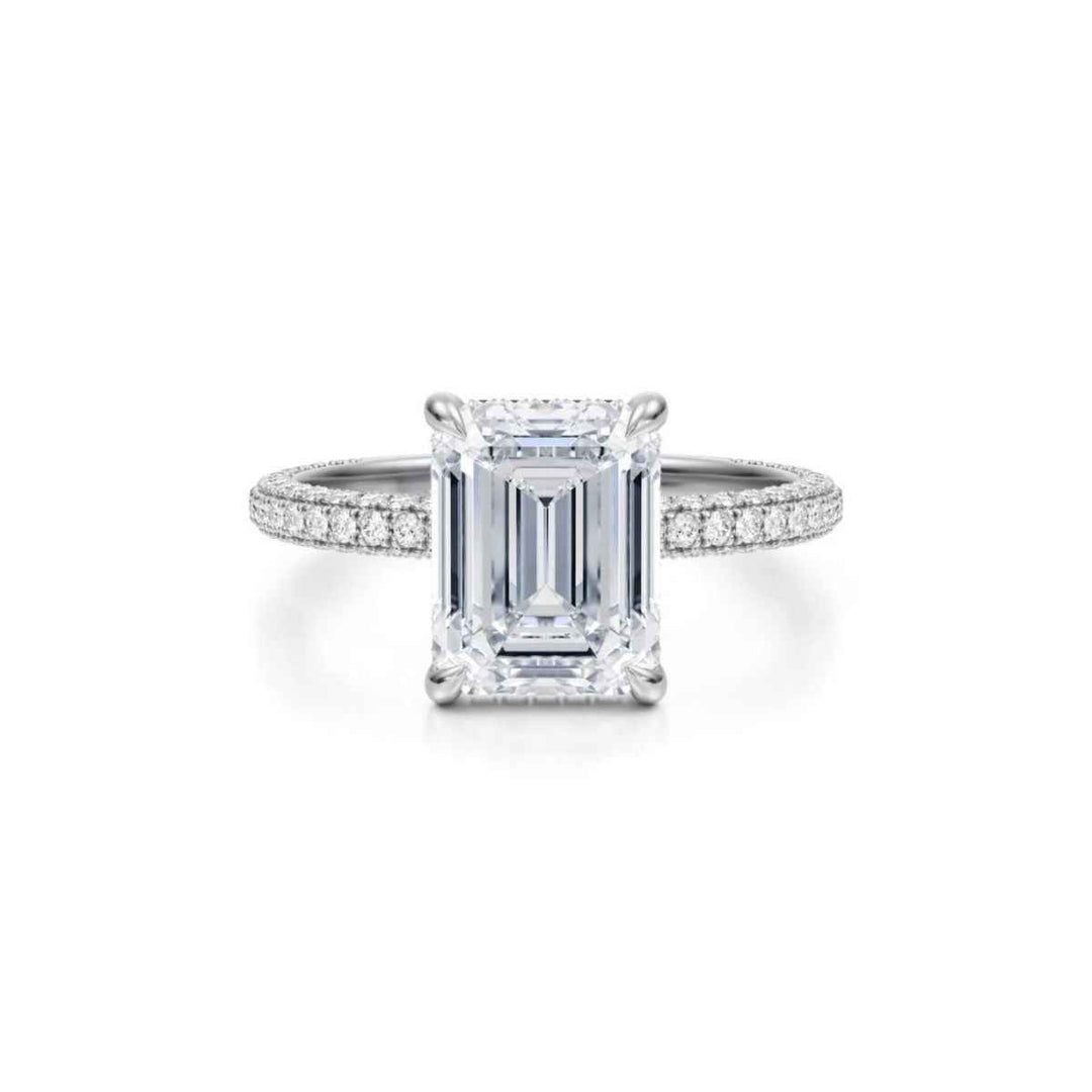 3 Carat Emerald Cut Moissanite Hidden Halo Ring In White Gold