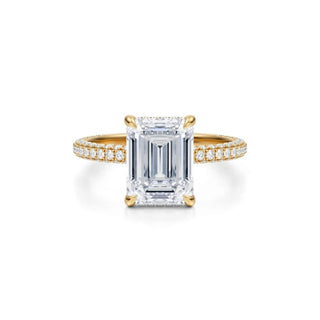 3 Carat Emerald Cut Hidden Halo Moissanite Engagement Ring In Yellow Gold