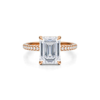 3 Carat Emerald Cut Hidden Halo Moissanite Engagement Ring In Rose Gold