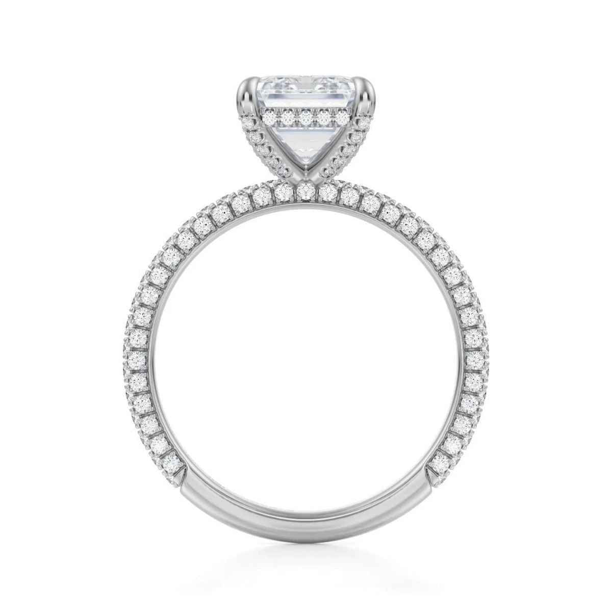 3 carat emerald cut moissanite hidden halo ring in white gold