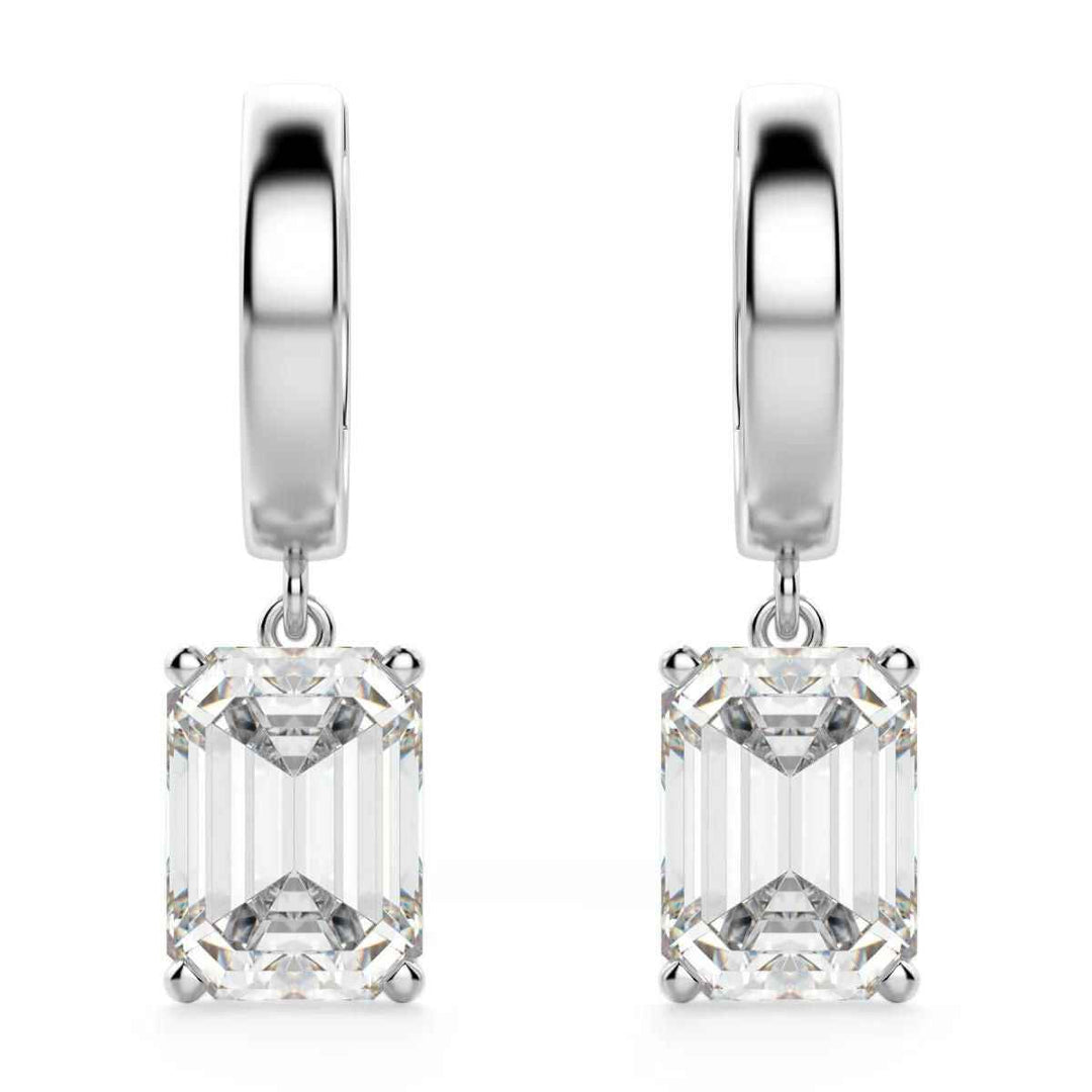 3 Carat Emerald Shaped Moissanite Solitaire Drop Earrings In White Gold