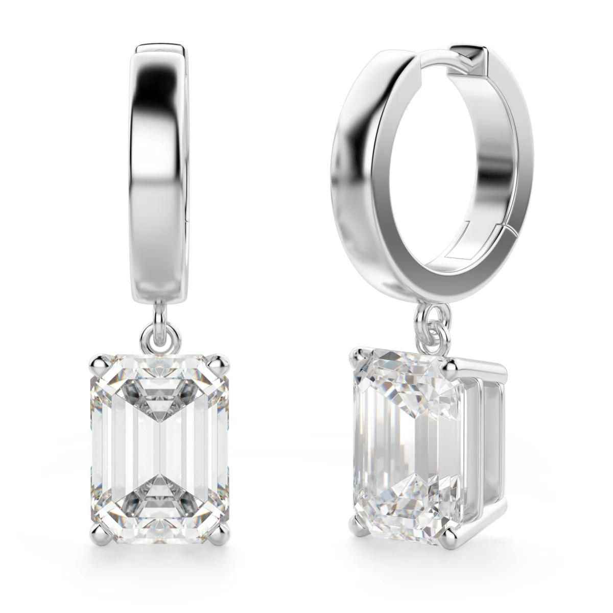 3 carat emerald shaped moissanite solitaire drop earrings in white gold