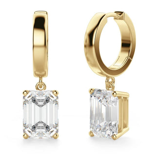 3 Carat Emerald Cut Moissanite Drop Earrings In Yellow Gold