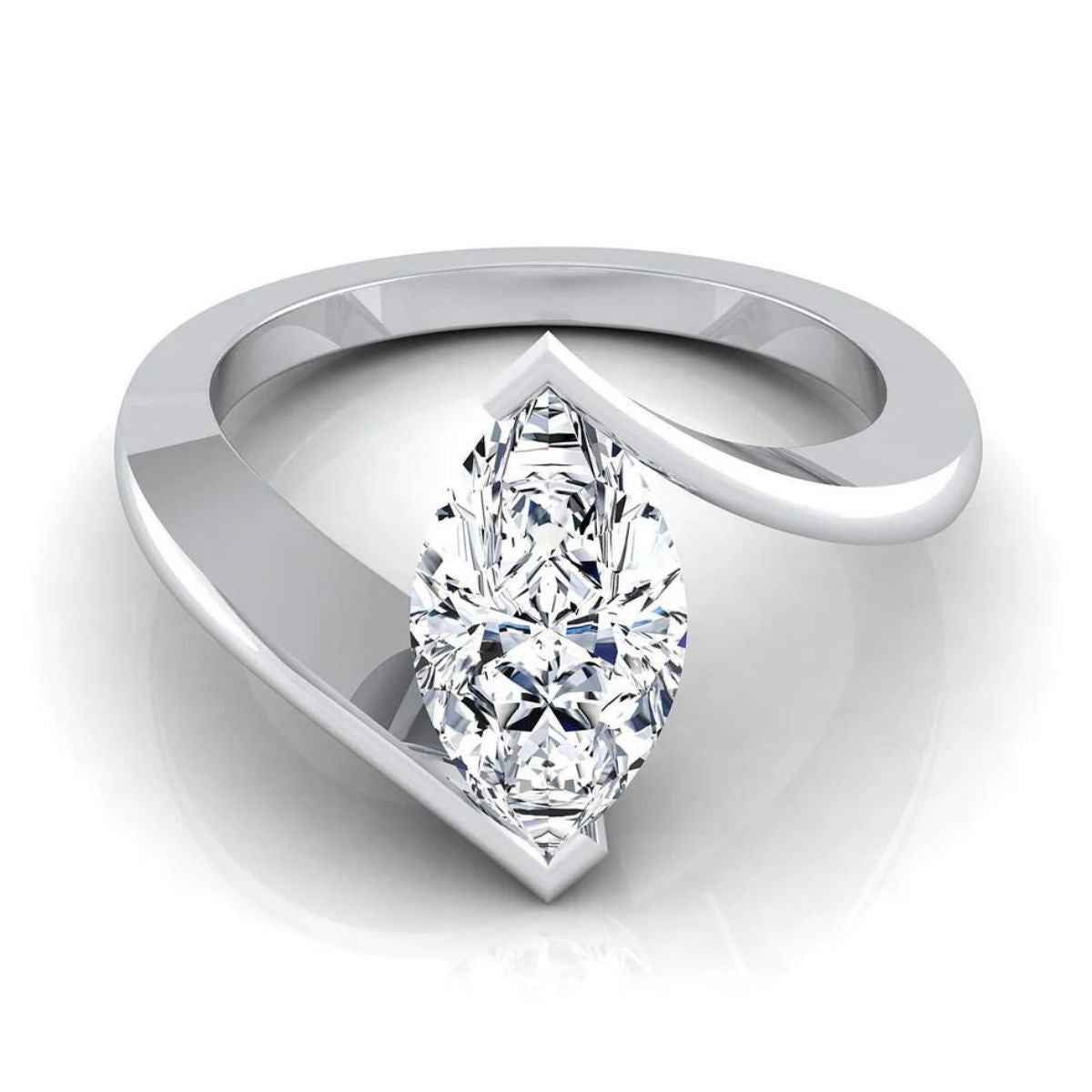 3 carat marquise cut moissanite bypass solitaire ring in white gold