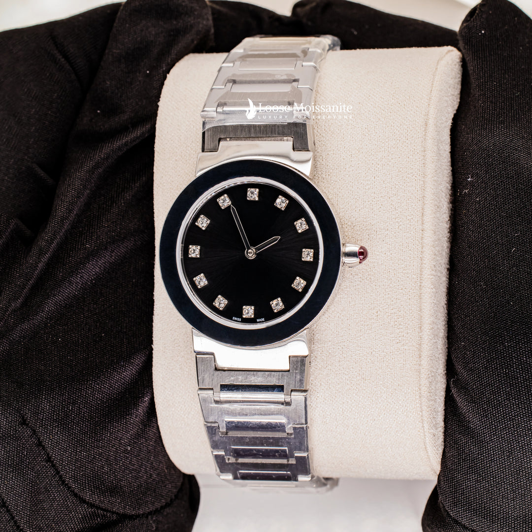 Side View Of Black Dial Stainless Steel Ladies Watch