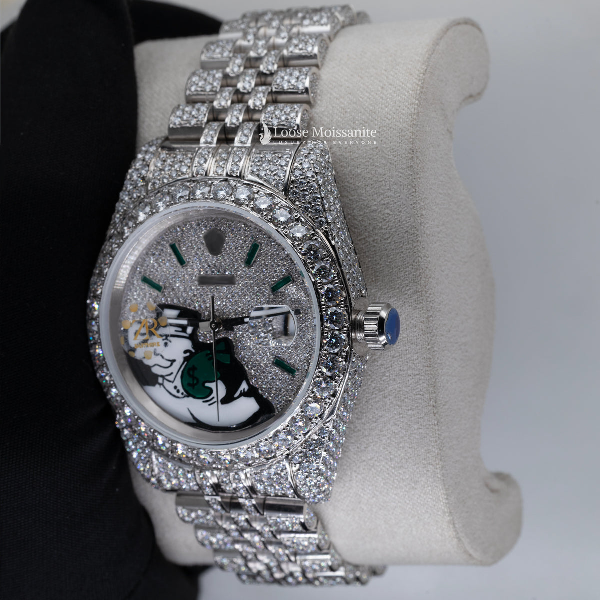 Custom green pave monopoly dial moissanite datejust watch