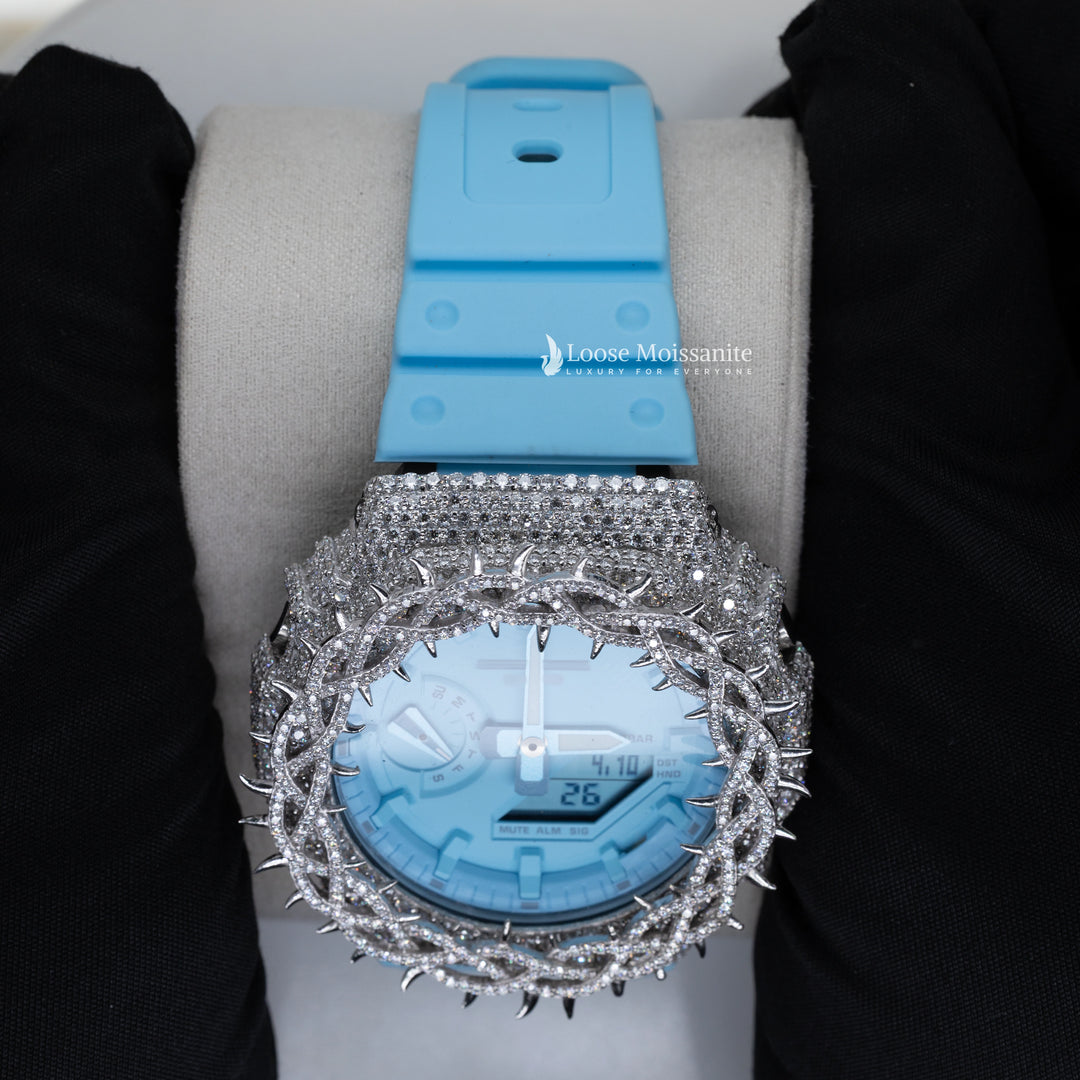 Close Up View Of Iced-out moissanite men's watches with thorn crown design