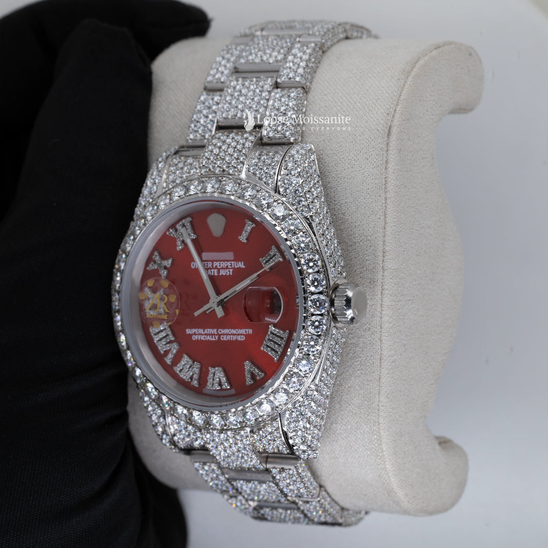 Front View Of Datejust Moissanite Red Dial Iced Out Watches