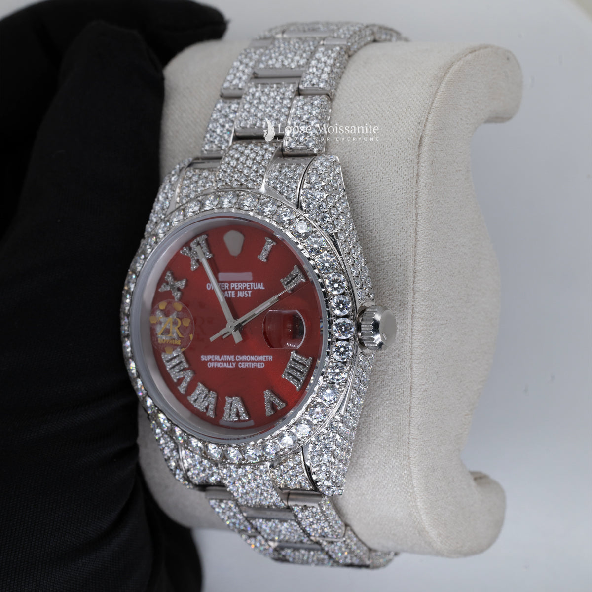 Front view of datejust moissanite red dial iced out watches