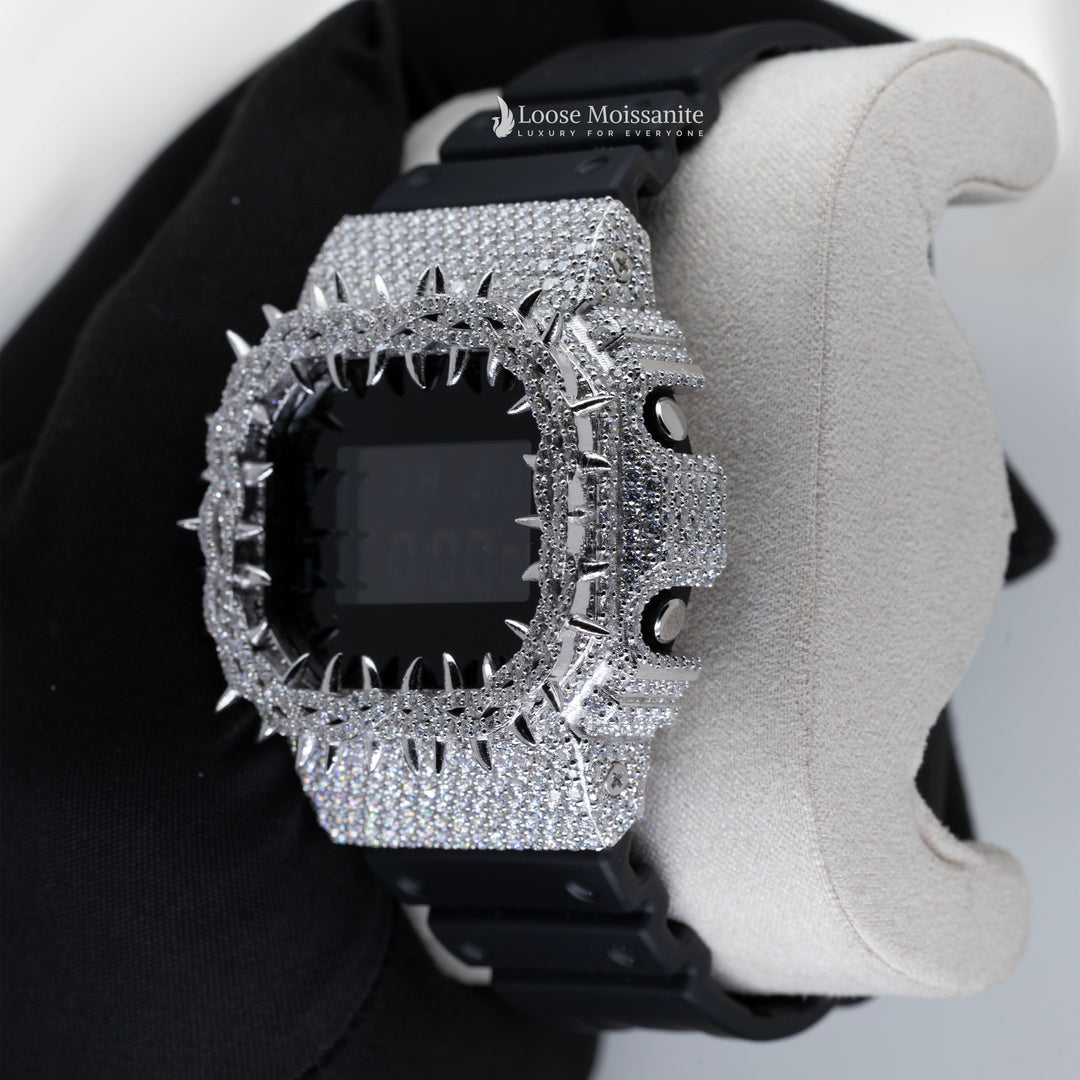 Side View Of Iced-out Moissanite Black Dial DW-5600 watch
