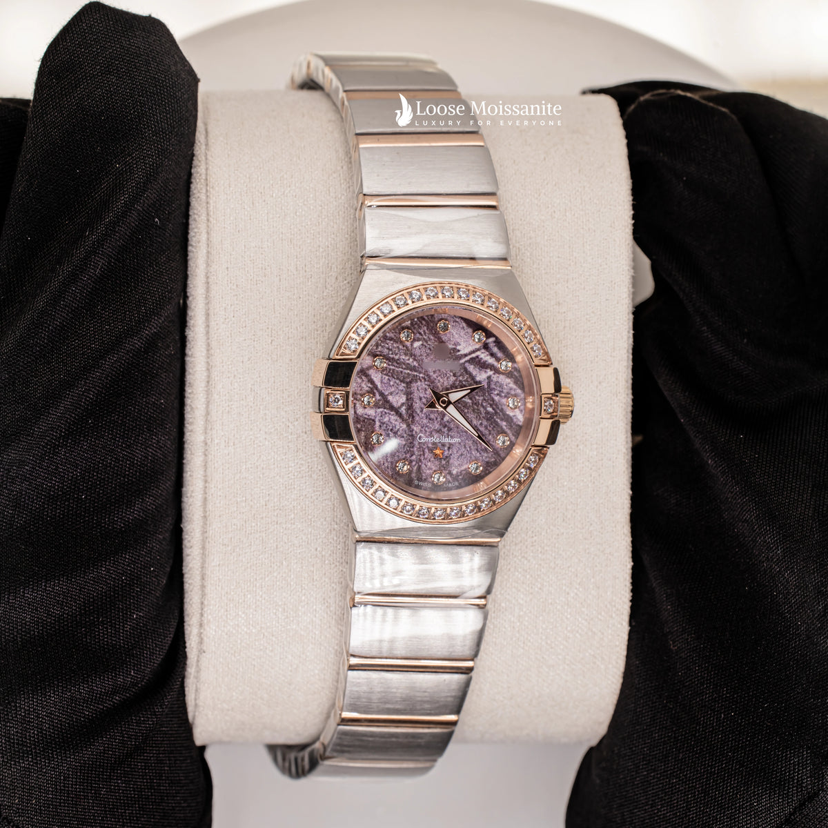 Side view of purple dial plain constellation watch for women
