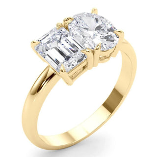 4 Carat Emerald & Oval Cut Moissanite Toi et Moi Engagement Ring In Yellow Gold