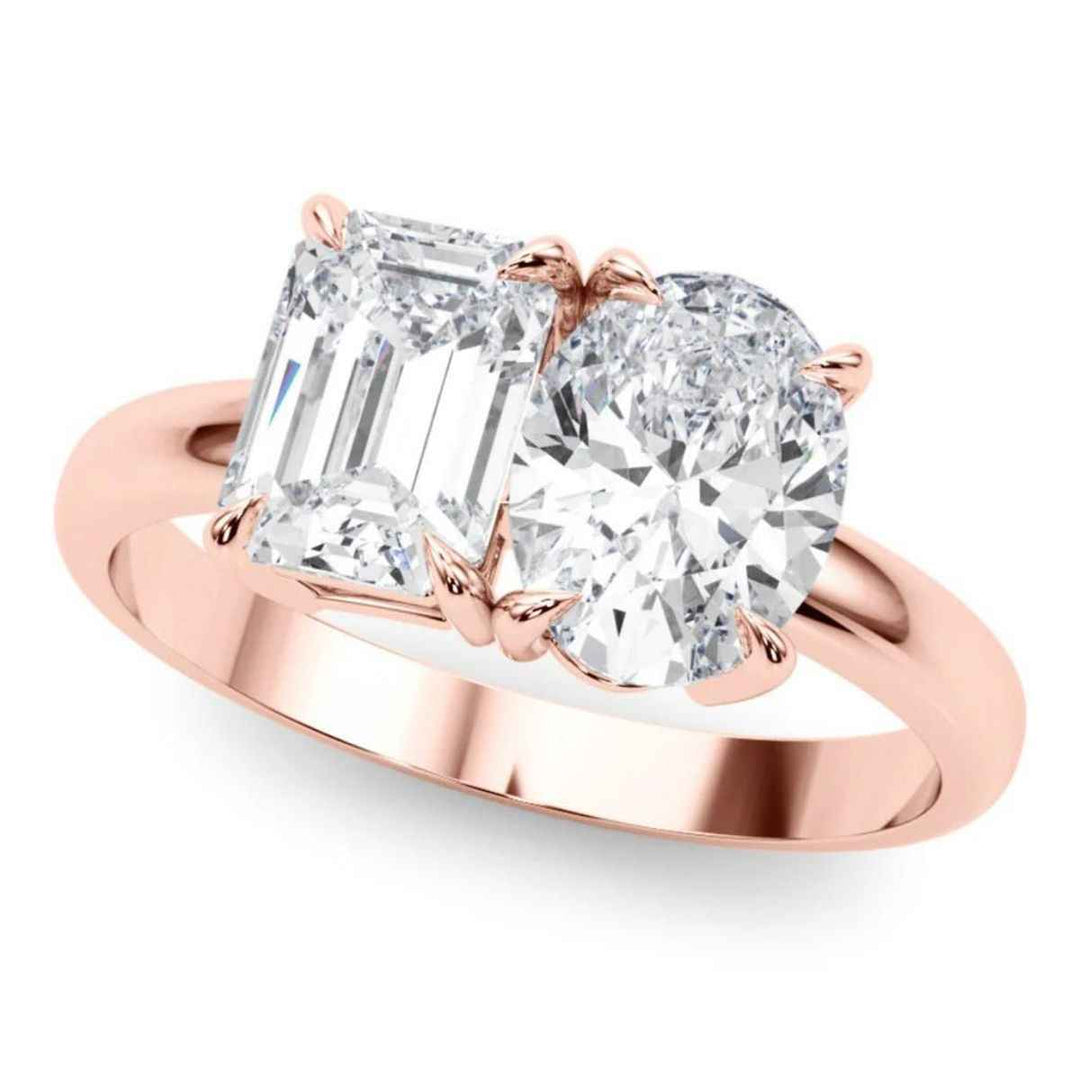 4 Ct Emerald & Oval Cut Moissanite Toi et Moi Engagement Ring In Yellow Gold